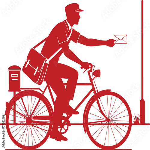 Postman on bicycle delivering mail with satchel and mailbox mailman delivery