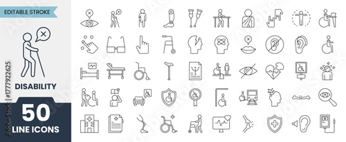 Disability and Accessibility line icons. Containing wheelchair, hearing aid, cane, mobility sensory, care assistance, inclusion, assistive devices and more. Editable stroke. Vector illustration