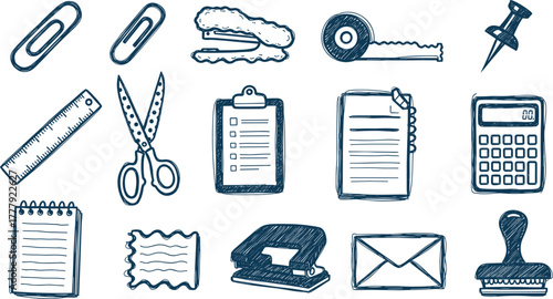 Doodle style illustration of office and school supplies on transparent background