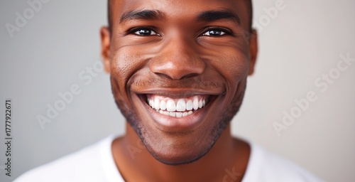 Close-up of a man smiling confidently with bright white teeth, representing good oral hygiene, health, and happiness.