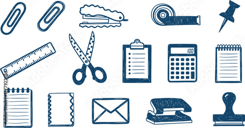 Doodle style illustration of various office and school supplies on transparent background