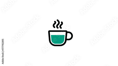 Steaming hot beverage icon. Minimalist illustration of a mug with green liquid and rising steam. Simple graphic for tea or coffee.