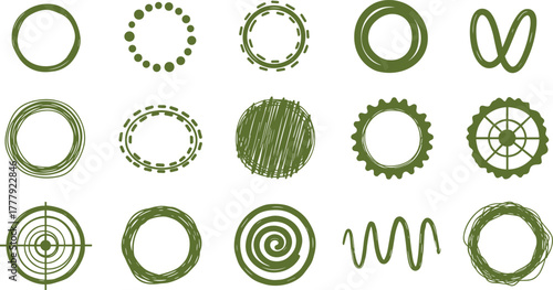 Collection of fifteen olive green circular and curvilinear designs on transparent background