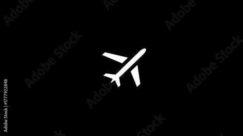Minimalist white airplane icon on black background, abstract flight travel symbol, aircraft graphic element, aviation concept, journey illustration