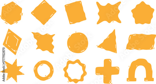 Collection of fifteen yellow hand-drawn geometric shapes on transparent background