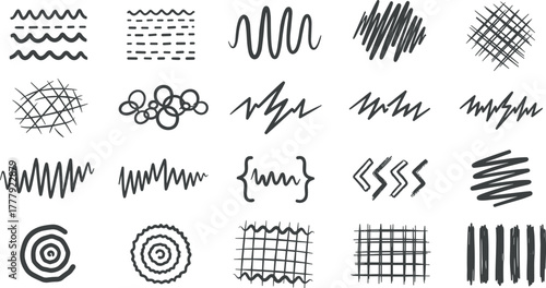 Collection of hand-drawn line patterns and shapes on white background on transparent background