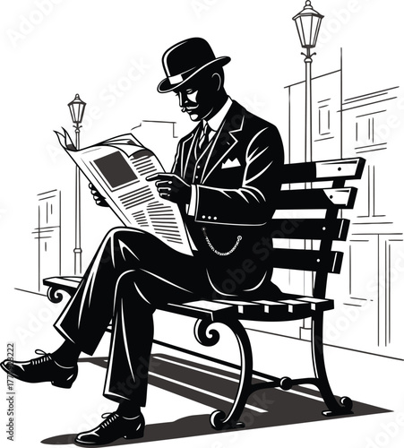 Silhouette of a man in a suit and bowler hat reading a newspaper on a park bench vector