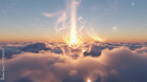 Ethereal sunrise emerges above clouds, showcasing radiant light and soft textures, with gradual upward camera movement capturing the scene's beauty