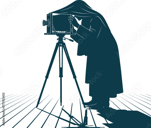 Silhouette of Photographer Using Antique Camera on Tripod vintage camera large format camera