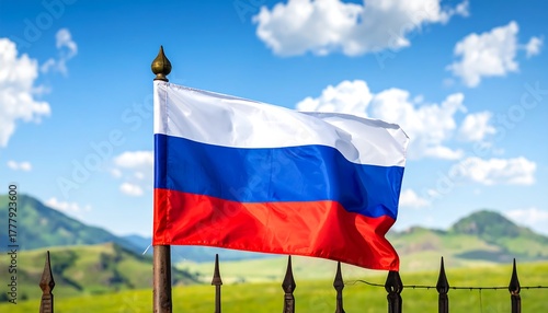 Russian flag waving in the wind with vibrant colors, fence foreground, grassy hills and cloudy sky background
