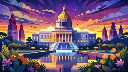 Very beautiful illuminated Louisiana State Capitol at dusk, showcasing the Art Deco architecture glowing warmly under the twilight sky, surrounded by trees, gardens, and reflections on calm water.