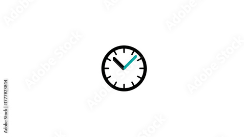 Minimalist black and teal clock icon. Simple graphic symbol for time management, deadline, schedule, punctuality, and business concept.