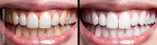 Close-up photo showing a young woman's smile before and after teeth whitening, highlighting brighter, cleaner teeth and improved dental aesthetics.