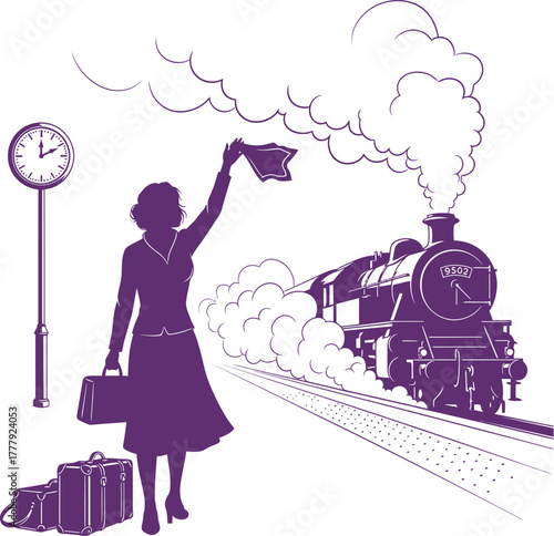 Woman waving goodbye to steam train at station with luggage and clock locomotive platform