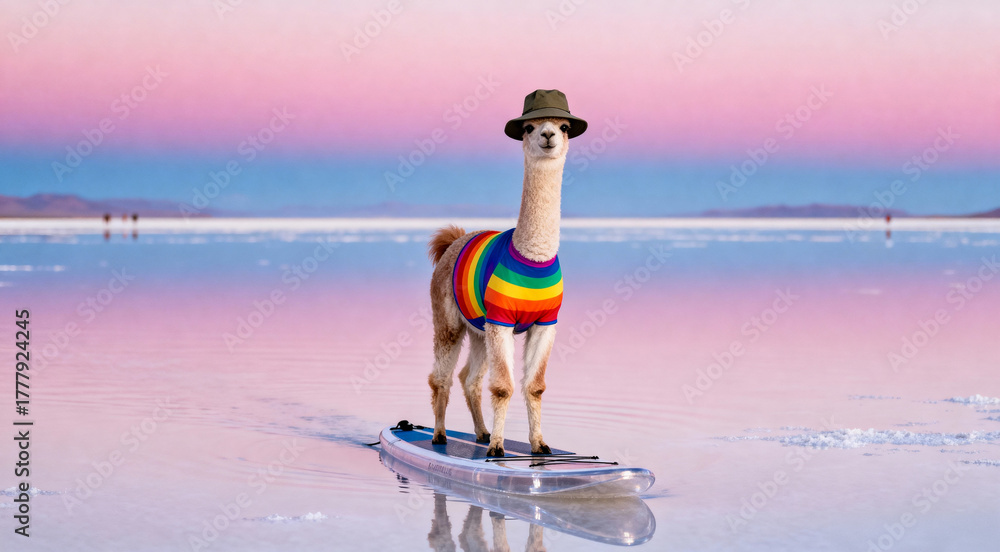 Naklejka premium Llama Wearing Sweater and Hat Surfing on Salt Flat