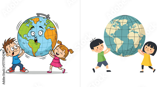 Cartoon children holding big globe together, kids learning about planet Earth, geography and environment education illustration showing teamwork, sustainability, and global awareness concept