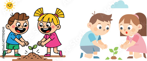 Cartoon children planting trees, eco-friendly illustration, kids caring for environment, green earth education concept, environmental protection, sustainability awareness