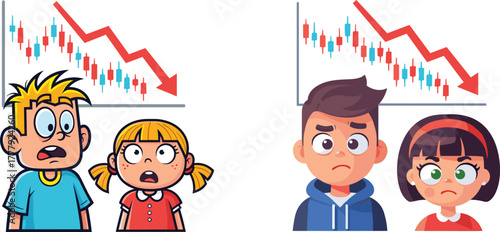 Cartoon children shocked by falling stock chart, economic crisis illustration, finance loss concept, market crash reaction, financial education for kids, economy downturn learning art