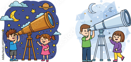 Cartoon children using telescope to watch stars and planets, kids doing astronomy at night sky, educational space exploration activity illustration for science learning and fun
