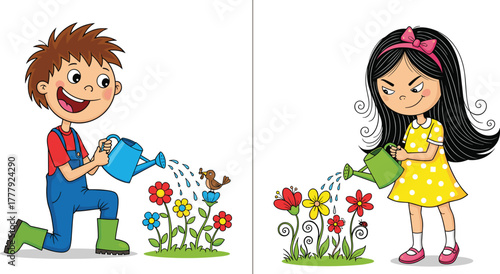 Cartoon children watering flowers, happy boy and girl gardening, eco-friendly nature care illustration, environmental education for kids, spring garden 
