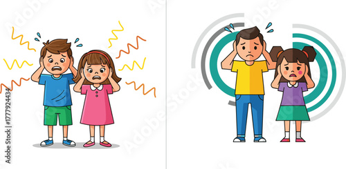 Children covering ears, loud noise illustration, noise pollution concept, sound stress in kids, emotional reaction to noise, vector cartoon art, environmental awareness design