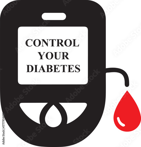Black and white graphic of a glucose meter with red blood drop and text control your diabetes blood glucose meter
