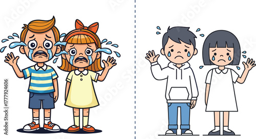 Crying cartoon children waving goodbye with tears, emotional sad kids illustration, boy and girl crying, separation anxiety, upset childhood feelings, farewell moment artwork