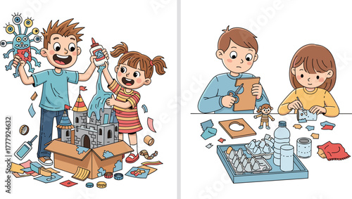 Creative children making art and crafts project, DIY castle building with recycled materials, fun kids activity, learning through creativity, paper craft and imagination illustration vector