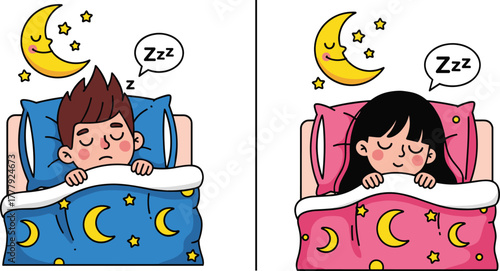 Cute cartoon boy and girl sleeping peacefully in bed, night moon and stars illustration, sweet dreams concept, bedtime rest and relaxation for kids
