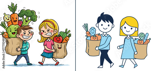 Funny cartoon kids carrying vegetables, grocery shopping concept, emotion comparison, teamwork and anger, healthy food lifestyle, cute character illustration, organic farm produce, colorful art