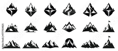 Mountain icon set silhouette collection for adventure, hiking, and nature landscape vector design