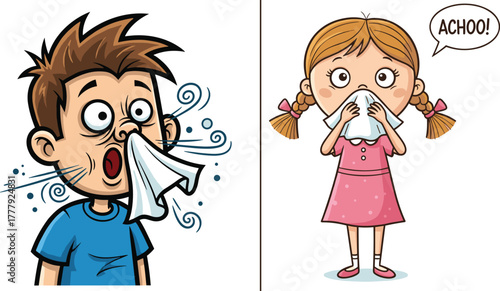 Funny cartoon kids sneezing with tissue, allergy and cold concept, hygiene awareness illustration, sick children expression, health care education, seasonal flu prevention art