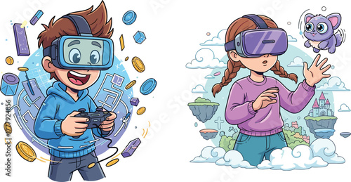 Cute kids wearing VR headset exploring virtual world, augmented reality technology concept, futuristic gaming illustration, digital innovation art, immersive virtual experience for children learning