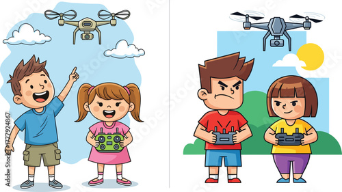 Happy and angry kids flying drones, children playing with remote control drones outdoors, fun learning technology, emotional contrast, summer outdoor activity for kids