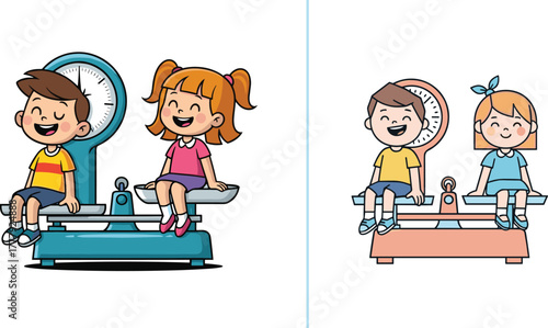 Happy cartoon boy and girl sitting on balance scale, equality concept illustration, measuring friendship and fairness, kids learning weight comparison in education design