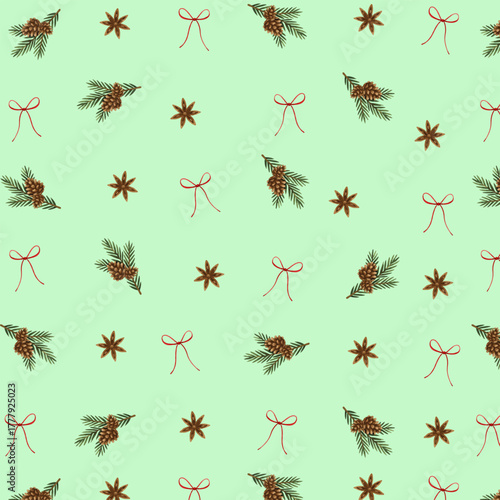 Seamless Christmas pattern with pine cones, fir branches, star anise and red bows. Winter holiday background. Transparent PNG. Perfect for wrapping paper, packaging, fabric, scrapbook.