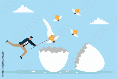 Vector illustration of a businessman trying to catch flying light bulbs emerging from a cracked eggshell, symbolizing lost ideas, missed opportunities, escaping creativity, innovation slipping away
