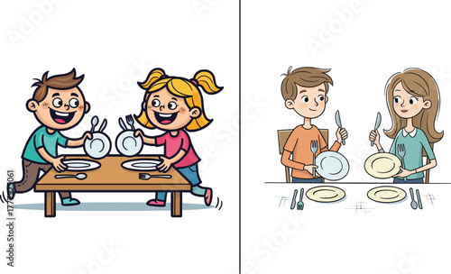 Happy children setting dining table illustration, kids helping with dishes and cutlery, family mealtime preparation concept, teamwork and learning responsibility, cartoon vector kitchen scene design