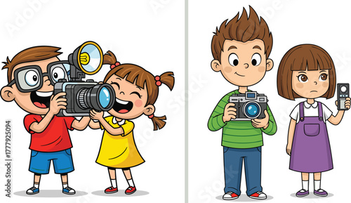 Happy children taking photos with camera, boy and girl playing photographer, smiling kids learning photography and holding camera cartoon illustration isolated on white background