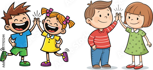 Happy kids giving high five together, smiling boys and girls cartoon illustration, friendship teamwork concept, cheerful children celebrating success isolated on white background, playful fun moment