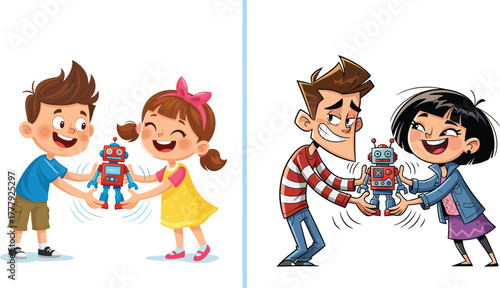 Happy kids sharing toy robot with joy and friendship, cartoon illustration showing teamwork, cooperation, childhood fun, technology play, happiness, and playful learning together