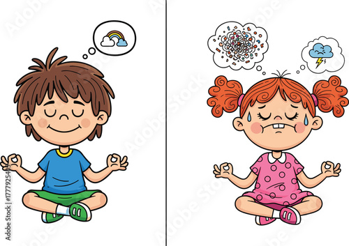 Kids practicing mindfulness and meditation, calm and stress management concept, cartoon boy and girl showing peaceful mind and anxiety relief through yoga and breathing exercise