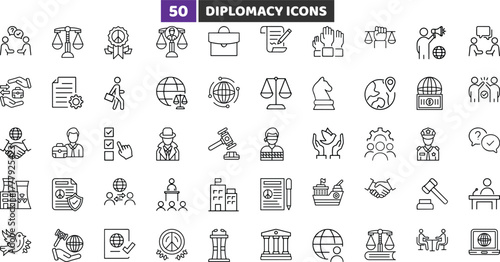 Diplomacy and International Relations Icons Set, Political Dialogue Outline Vector Collection