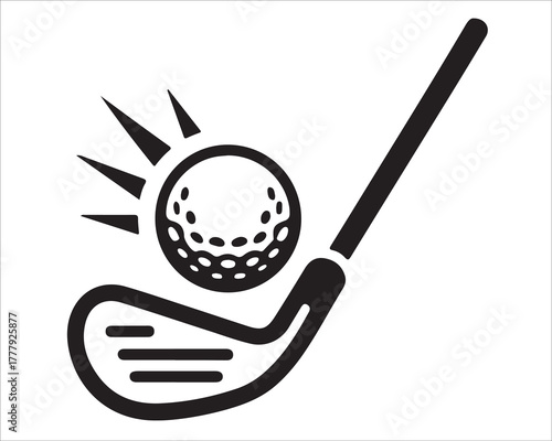 Golf Club and Ball Vector Illustration – Black and White Sports Symbol Showing Swing Motion and Impact, Representing Accuracy, Game, and Outdoor Athletic Recreation Concept
