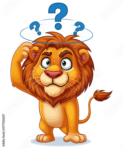 Confused cartoon lion scratching head with question marks above