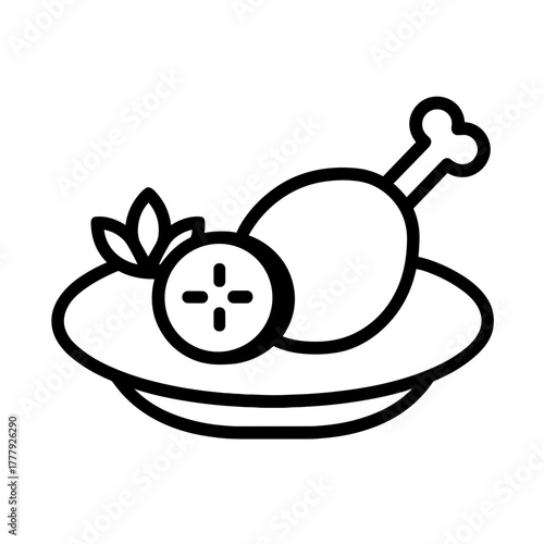 Plate with chicken leg and cucumber slice, simple food illustration
