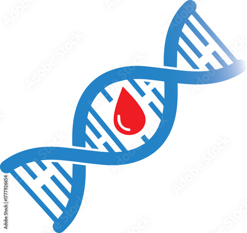 Blue D N A double helix structure with a red blood drop inside genetics science