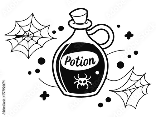 Magic potion bottle vector illustration black and white glass flask with spider and webs mystical alchemy symbol clipart for logo design decoration and witchcraft concept