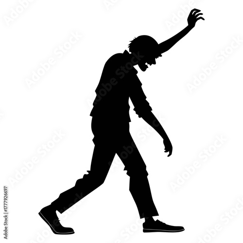 Zombie silhouette walking isolated on transparent background, spooky undead man illustration, horror character design, creepy monster vector art for t-shirt and poster prints