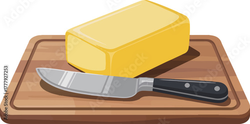 A stick of butter and a knife on a wooden cutting board for cooking or breakfast isolated vector illustration